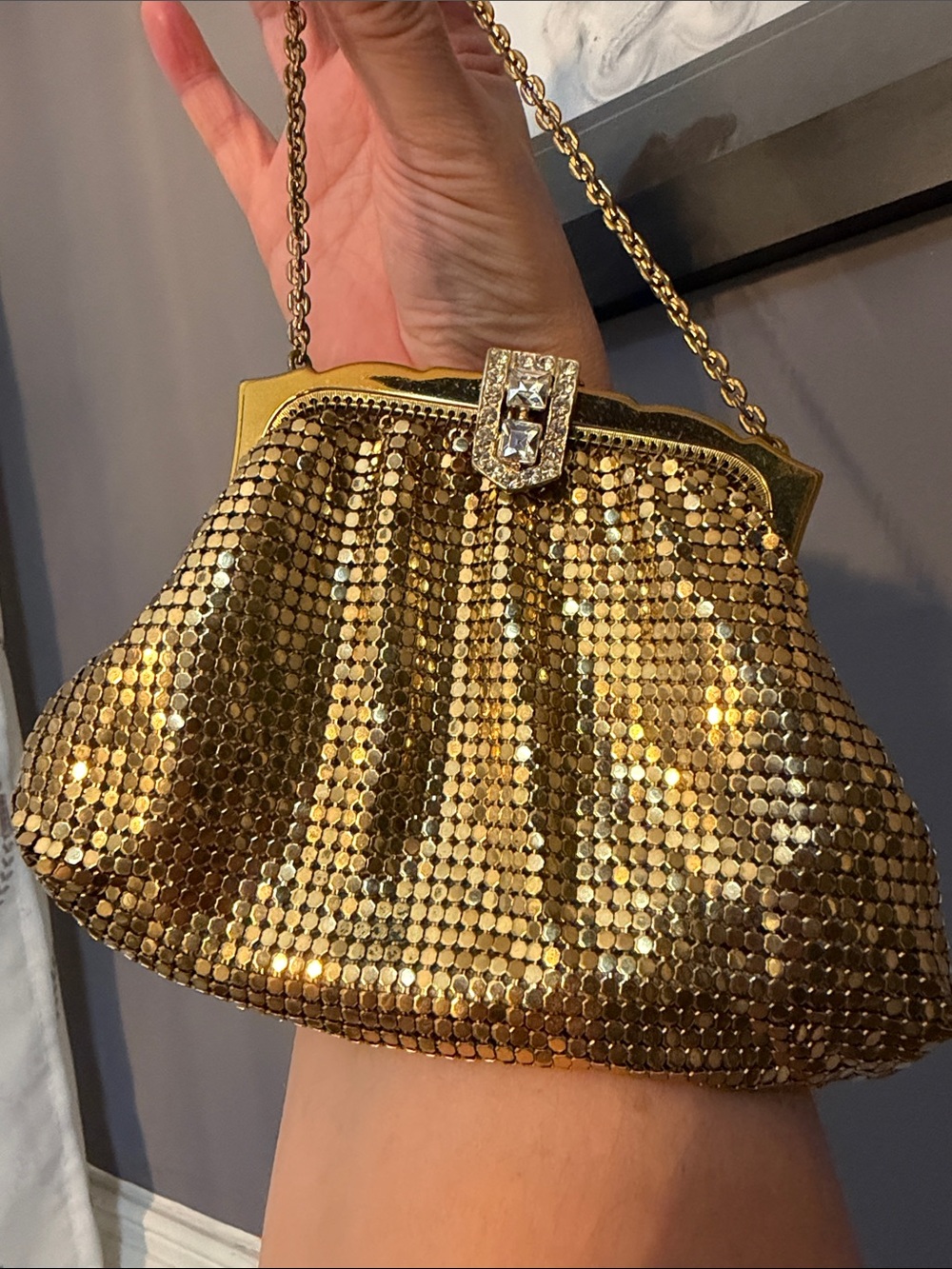 Whiting & Davis Vintage Gold Mesh Evening Clutch with Rhinestone Clasp